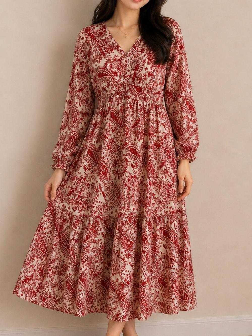 Polagram Red Paisley V-Neck Tiered Maxi Dress